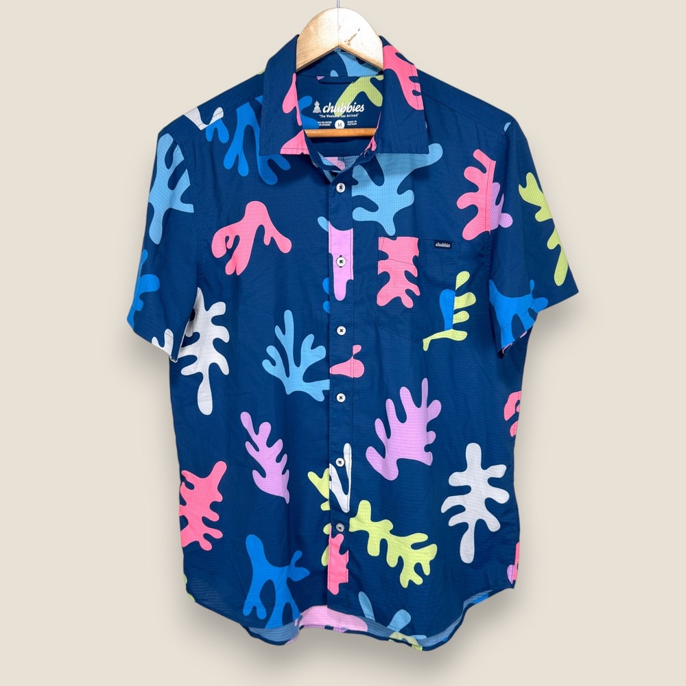 Chubbies Lightweight Hawaiian Shirt Men Medium Blue Pink Green Splatter Print